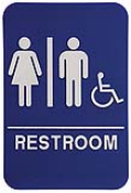 $9.95 Braille ADA Unisex RESTROOM w/Wheelchair Signs. Our signs are available in Blue or Black and come with white text &  graphics. Mounting bracket optional.