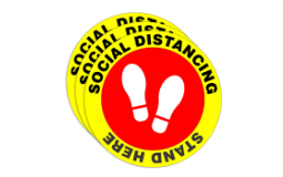3 PACK
"Social Distancing Stand Here w/Foot Prints" Floor Decal, Social Distancing Awareness Decal, Vinyl Adhesive, 10" Diameter