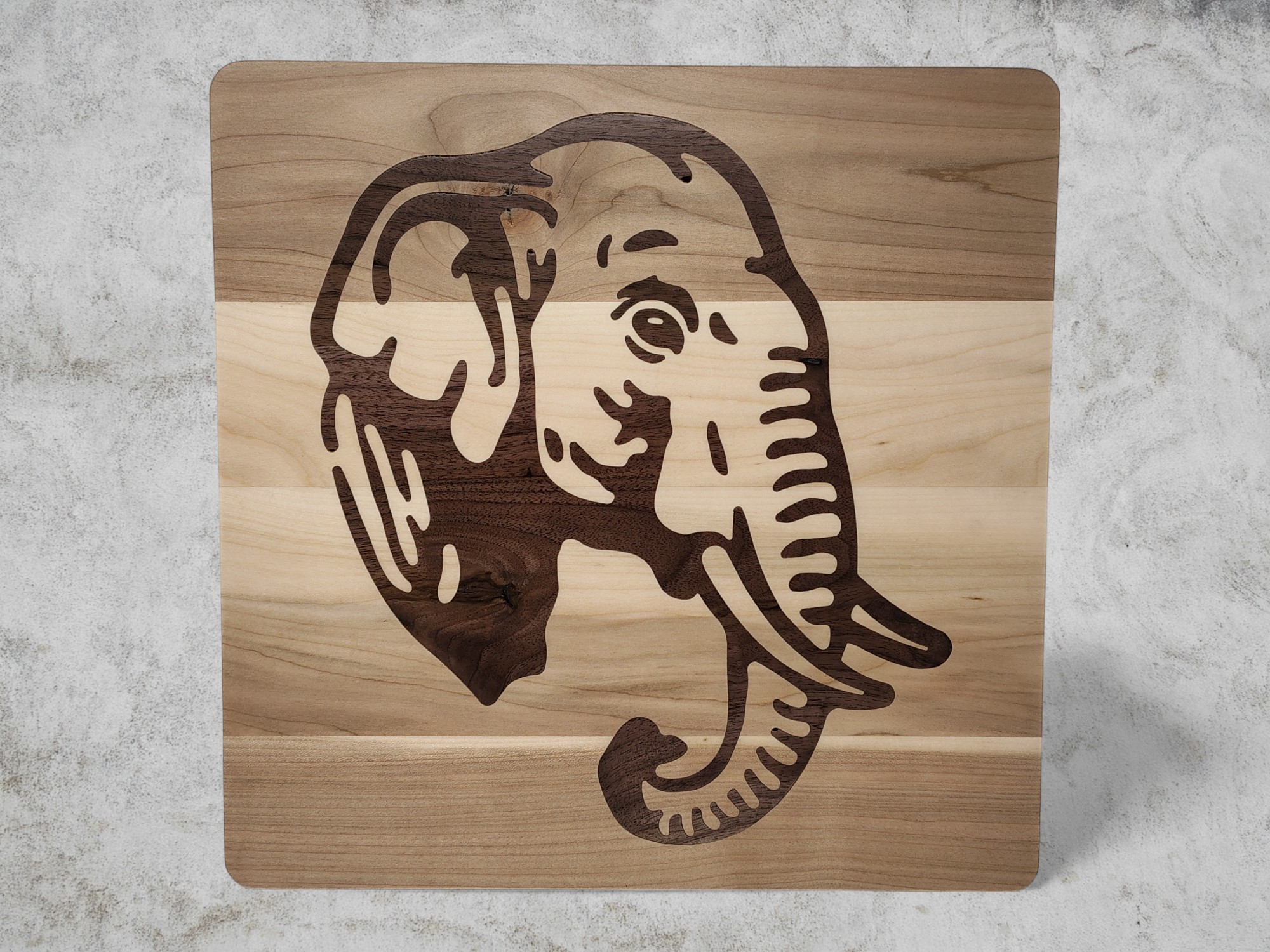 Maple Elephant Safari Wall Hanging with Walnut Inlay, Rustic Home Decor, Unique Wooden Art Piece, Nature-Inspired Gift, Nursery Decor, Wood Gift