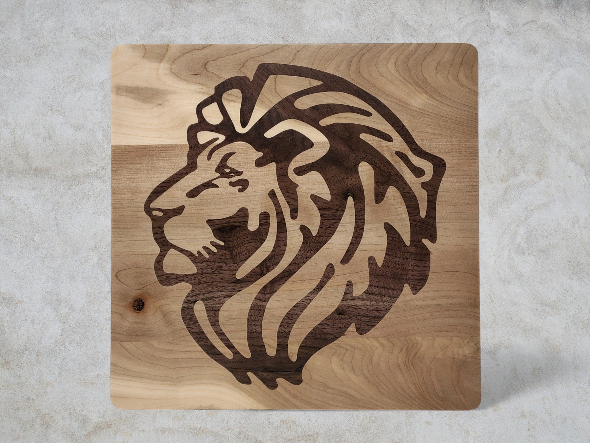 Maple Lion Safari Wall Hanging with Walnut Inlay, Rustic Home Decor, Unique Wooden Art Piece, Nature-Inspired Gift, Nursery Decor, Wood Gift
